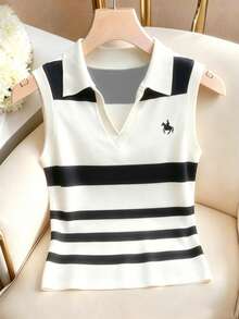 INAWLY Áo vest dệt kim nữ kiểu dáng thanh lịch, cổ bẻ, họa tiết kẻ sọc, đa năng, phù hợp cho công sở, dạo phố, ở nhà và đi làm. - Đen và trắng - Xem 4
