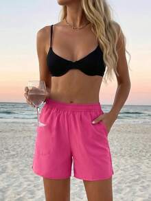Vaclyn Women Elastic Waist Solid Color Beach Pants, Casual Resort Style For Summer Beach Vacation Pink, Wide Leg - Pink - View 4