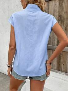 Zayélia Women's Summer Casual Vacation Commute Vacation Solid Color Mandarin Collar Cap Sleeve Button Front Shirt Light Blue - Blue - View 2
