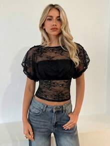 Aloruh 浪漫约会新款春夏性感百搭宽松上衣紧身下装白色薄纱女式衬衫 - 黑色 - 查看 5