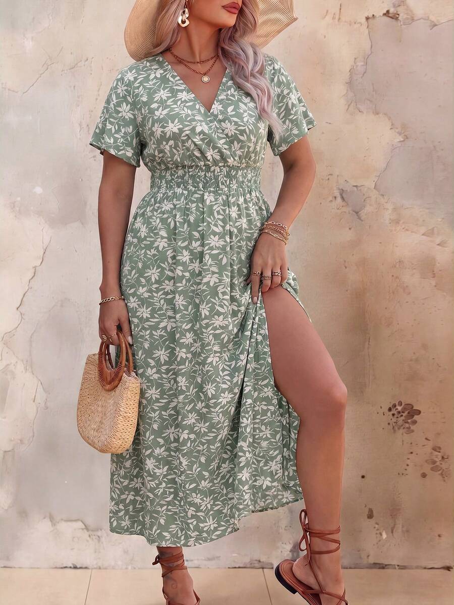 Roveilla 大码女装夏季度假风碎花重叠V领荷叶边短袖连衣裙黄色长裙黄色长裙女装黄色度假连衣裙 - 薄荷綠 - 查看 1