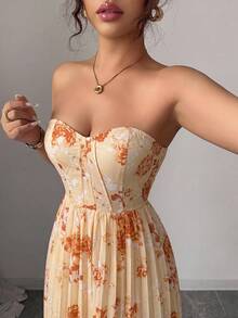 Elenzga Elegant Romantic Ruched A-Line Floral Print Sleeveless Dress For Women - Multicolor - View 6