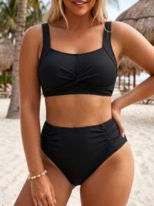 Swim Lushoire Plus Size Women 2pcs Solid Color Twist Front Ruched Tummy Control Bikini Set Set, Suitable For Vacation Party Beach White Summer - Black - View 3