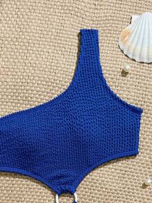SHEIN Tween Girls One-Piece Swimsuit, Cute Blue Wavy Pattern, Knit Fabric, One Shoulder Strap, Center Ring, Regular Leg, One-Piece Set, Fashionable Elegant, Suitable For Swimming, Summer Vacation, Beach, Pool, Holiday Party - Navy Blue - View 3