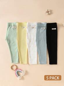 SHEIN Vintaside Kids 4件組嬰幼兒女童內搭褲褲子 可愛節日款 秋冬 白色 黑色 波點 條紋 素色 柔軟親膚 極簡風 趣味休閒穿著 - 彩色 - 查看 2