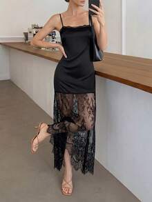 Easowa Đầm satin dáng chữ A cổ nhún viền ren, kiểu dáng thanh lịch thoải mái, phù hợp cho cả công sở và kỳ nghỉ, dành cho nữ, thích hợp cho mùa xuân/hè. - màu đen - Xem 1