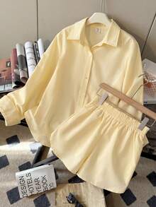 SHEIN Tween Girl Casual Everyday Versatile Comfortable Collared Long Sleeve Shirt & Shorts Set Tween Girl - Yellow - View 1