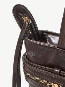 Viva Strut Women Dark Brown Solid Multi Zipper & Metal Buckle Large Capacity Minimalist Functional PU Leather Tote Bag - Coffee - View 11