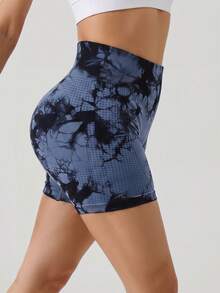 Slayform Slayform Shorts de sport tie-dye pour femmes, shorts de yoga taille haute amincissants pour le fitness - Bleu marine - Voir 3