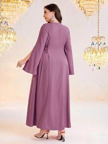 Al Najma 大码女式缎带饰边开衩长袖优雅阿拉伯连衣裙 - 紫色 - 查看 2