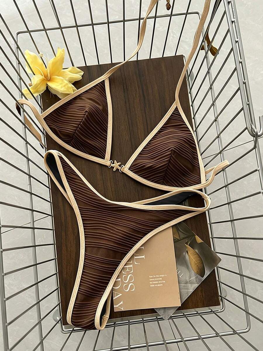 Swim Vcay Spring/Summer Solid Color Triangle Wireless Halter Backless Top And Swim Shorts Women Sexy Bikini Swimwear Set For Beach Vacation - Coffee Brown - View 1