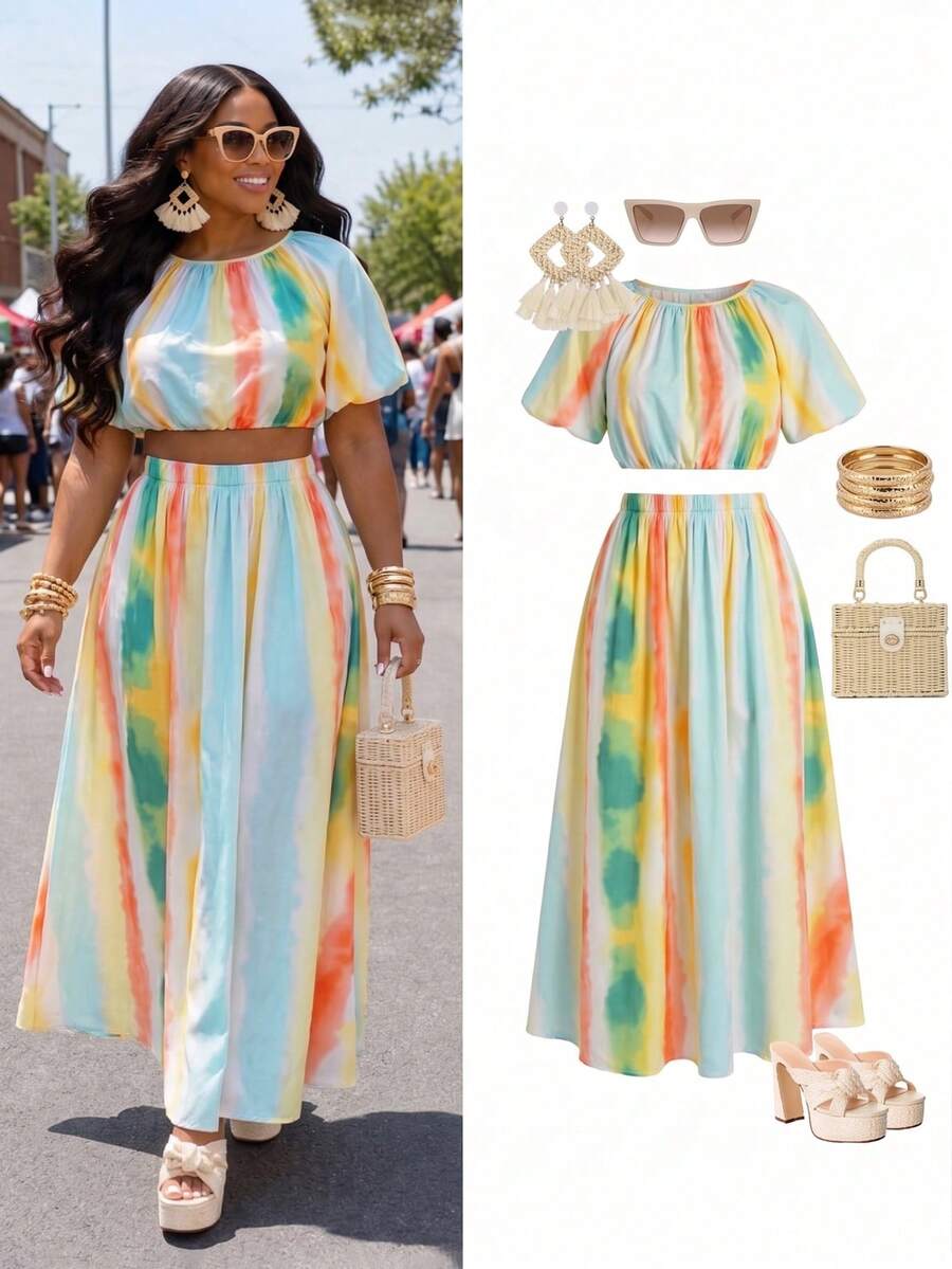 Poshavie Poshavie Ensemble 2 pièces grande taille pour femme, top court bleu clair à manches bouffantes et jupe longue taille haute, style bohème décontracté élégant, pour vacances et tenue quotidienne - Jaune citron - Voir 1
