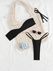 Swim SXY Women's Contrast Color Trim Spaghetti Strap Removable Strap Thong Bikini 2 Pieces Swimwear Set - Black - View 3