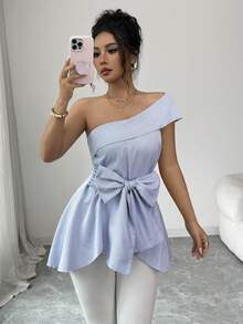 Elenzga Women's Striped One-Shoulder Shirt With Waist Bow Decor - Blue - View 1