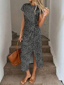SHEIN LUNE Đầm midi nữ không tay xẻ cao eo xoắn in họa tiết thanh lịch, đầm bodycon dệt vân mặc thường ngày, trang phục sinh nhật nữ, set tập gym nữ, đầm dự tiệc cưới nữ, trang phục công sở nữ - Nhiều màu - Xem 3