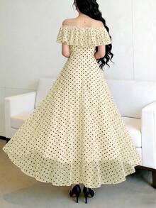 Modelyn Fashionable Off Shoulder Polka Dot Cinched Waist Elegant Dress, Spring/Summer - Yellow - View 2