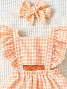 SHEIN Vintaside Kids Young Girl Summer Casual Plaid Flutter Sleeve Dress - Orange - View 4