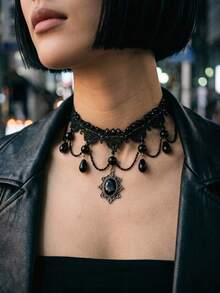 Joivida 1/2 chiếc vòng cổ tua rua hình giọt nước bằng ren – Vòng cổ choker ren cao cấp dành cho nữ của Niche Luxury - màu đen - Xem 13