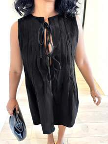 Alexandranx Women's Casual Solid Color Pleat Tie Front Mini Dress,Boho Clothes Women Vacation Holiday Resort Elegant - Black - View 6