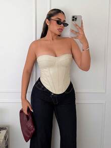 Maria Perezxox Women's Casual Solid Color Bandeau Top With Fishbone Stitching, Summer - Apricot - View 1