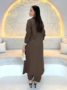 Shopreo Dark Grey Lapel Shoulder Long Suit Pants For Women - Coffee Brown - View 5