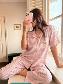 Napfluff Plaid Print Cute Bear Graphic Embroidered Pocket Front Button Short Sleeve Pants Women Pajama Set, Loungewear - Multicolor - View 5