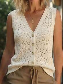 SHEIN Holidaya Women's Ivory Openwork Knit Vest,Summer V-Neck Sleeveless Leaf Pattern Granny Mother Tops,Button Front Closure,Ribbed Hem Trim,Vintage Casual Style - Apricot - View 5