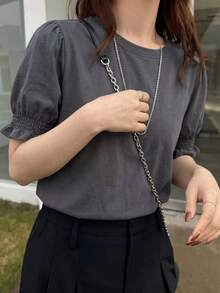 FRIFUL 女款休閒素色圓領短袖T恤，夏季 - 灰色 - 查看 4