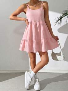 SHEIN EZwear 莲藕粉色休闲吊带露背荷叶边连衣裙 - 藕粉色 - 查看 6