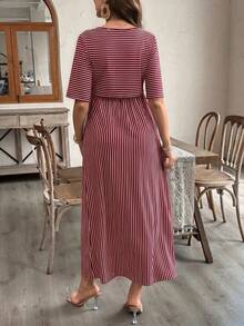 SHEIN Maternity & Nursing Striped Round Neck Short Sleeve Casual Dress - Burgundy - View 2