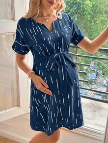 SHEIN 孕妇休闲V领短袖连衣裙 - 藍色 - 查看 4