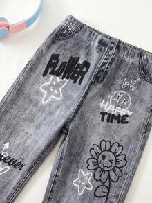 Bubblio Baby Girl Cute Street Style Casual Cute Versatile Printed Pattern Elastic Waist Long Pants Back-To-School Baptism Graduation  School Grey Autumn - Multicolor - View 7