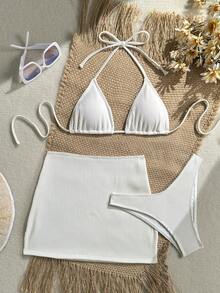 Swim SXY 女款夏季海灘泳池派對度假純色掛脖綁帶性感熱帶比基尼泳衣套裝，含罩衫裙 3 件套 白色 - 白色 - 查看 5