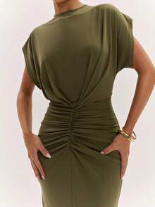 SHEIN BAE 女士舒适百搭褶裥修身连衣裙 - 軍綠色 - 查看 6