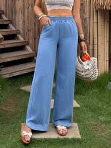 Breezaya Quần jeans nữ ống rộng, cạp chun, có túi, dáng rộng, phong cách thường ngày. - Màu xanh lam - Xem 3