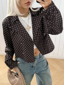 SHEIN EZwear Women's Polka Dot Print Woven Button-Up Long Sleeve Jacket - Coffee Brown - View 7