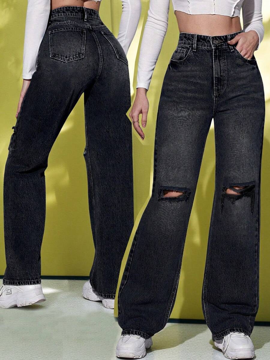 SHEIN ICON High Waist Ripped Straight Leg Jeans - Black - View 1