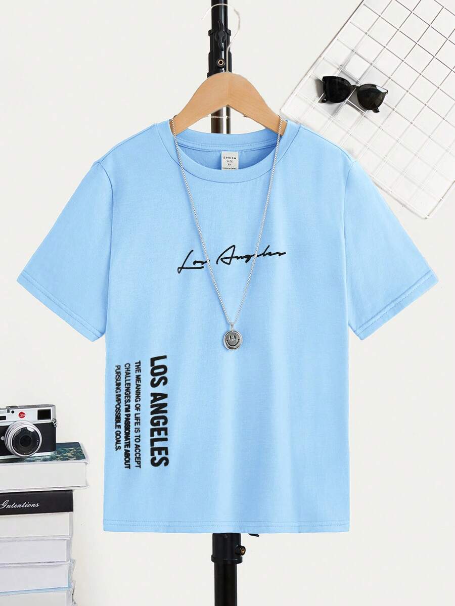 SHEIN Tween Boys' Casual Fashionable Street Style Slogan Print Short Sleeve T-Shirt, Daily Wear - Baby Blue - View 1