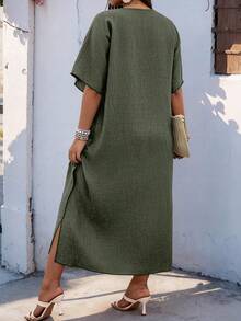 Weeklong Plus Size Women's V-Neck Raglan Sleeve Applique Loose Dress, Suitable For Daily Wear And Vacation - Army Green - View 2