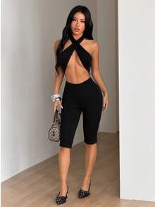 SHEIN ICON 女士纯色吊带系带性感休闲连体衣 - 黑色 - 查看 6