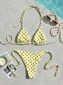 Swim Mod Conjunto de bikini de triángulo con copa sólida para mujer, traje de baño sexy de dos piezas con lazos - Amarillo claro - Ver 2