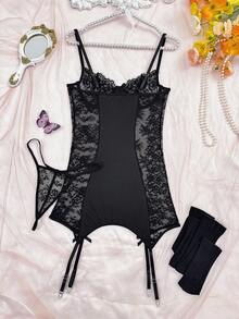 SHEIN Bộ 3 món áo ngủ gợi cảm phối ren, thắt nơ. - màu đen - Xem 6
