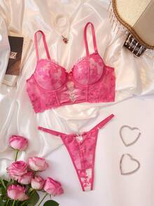 Myrelith 2pcs Set: Mesh Inlay Fuchsia 3D Floral Embroidery Design + Sweet & Cool Interwoven Triangle Panties, Fashionable Lingerie Set - Hot Pink - View 1