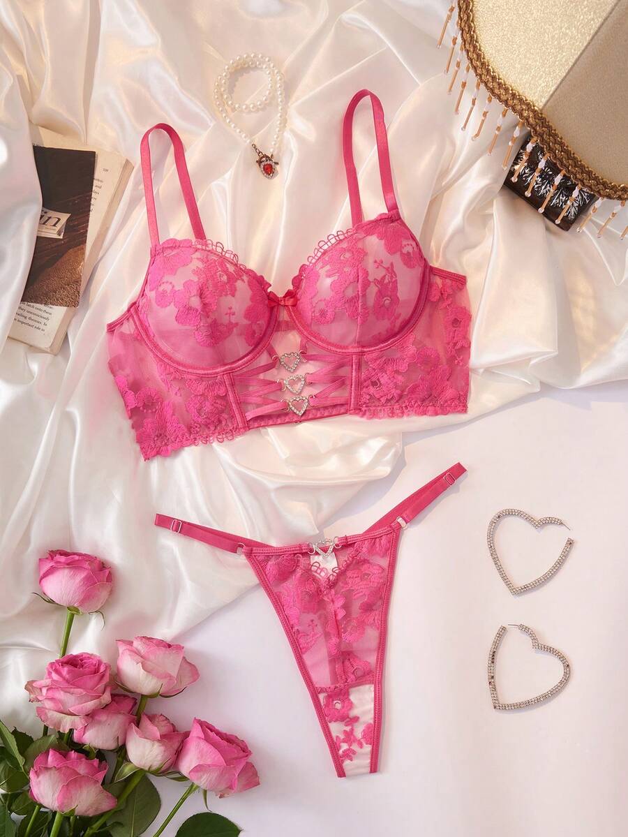 Myrelith 2pcs Set: Mesh Inlay Fuchsia 3D Floral Embroidery Design + Sweet & Cool Interwoven Triangle Panties, Fashionable Lingerie Set - Hot Pink - View 1