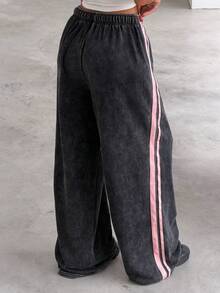 Muchica 女士抽绳腰侧条纹阔腿宽松休闲裤 - 深灰色 - 查看 2