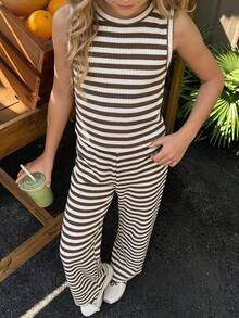 SHEIN Bộ 2 món cho bé gái tuổi teen: áo tank top kẻ sọc nâu trắng rộng rãi + quần ống rộng, trang phục thời trang đa năng cho mặc thường ngày, mùa xuân/hè. - màu nâu - Xem 2