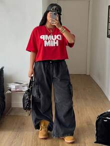 Coolane 女款大尺碼夏季秋季街頭風 Y2K 休閒純棉字母刺繡落肩寬鬆短袖圓領紅白配色 T-shirt - 紅色 - 查看 2