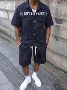 PAVTROS Men's Summer Lightweight Thin Striped Woven Retro Denim-Feel Gothic Text Print Short Sleeve Shirt And Casual Shorts Set - Navy Blue - View 1