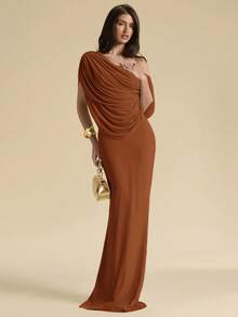 SHEIN BAE Coffee Brown Off-Shoulder Ruched Fitted Elegant Dress, Tight Fitted Elegant Dress, Flowing Dress Coffee Date Summer - Rust Brown - View 7
