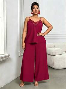 Villa Velisse Plus Size Fashion Casual Lace Camisole + Plus Size Fashion Casual Loose Pants - Red - View 8